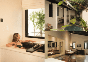 Collage of luxury room interiors at Beldon Hiriketiya, including a private plunge pool, botanical stone bathtub, and minimalist white suites.