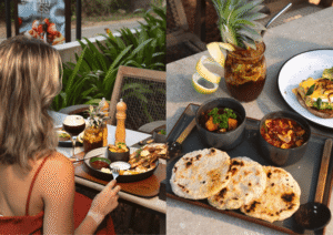 A collage of a guest enjoying a meal and a close-up of traditional Sri Lankan pol-roti with gourmet curries at Beldon Restaurant in Hiriketiya.